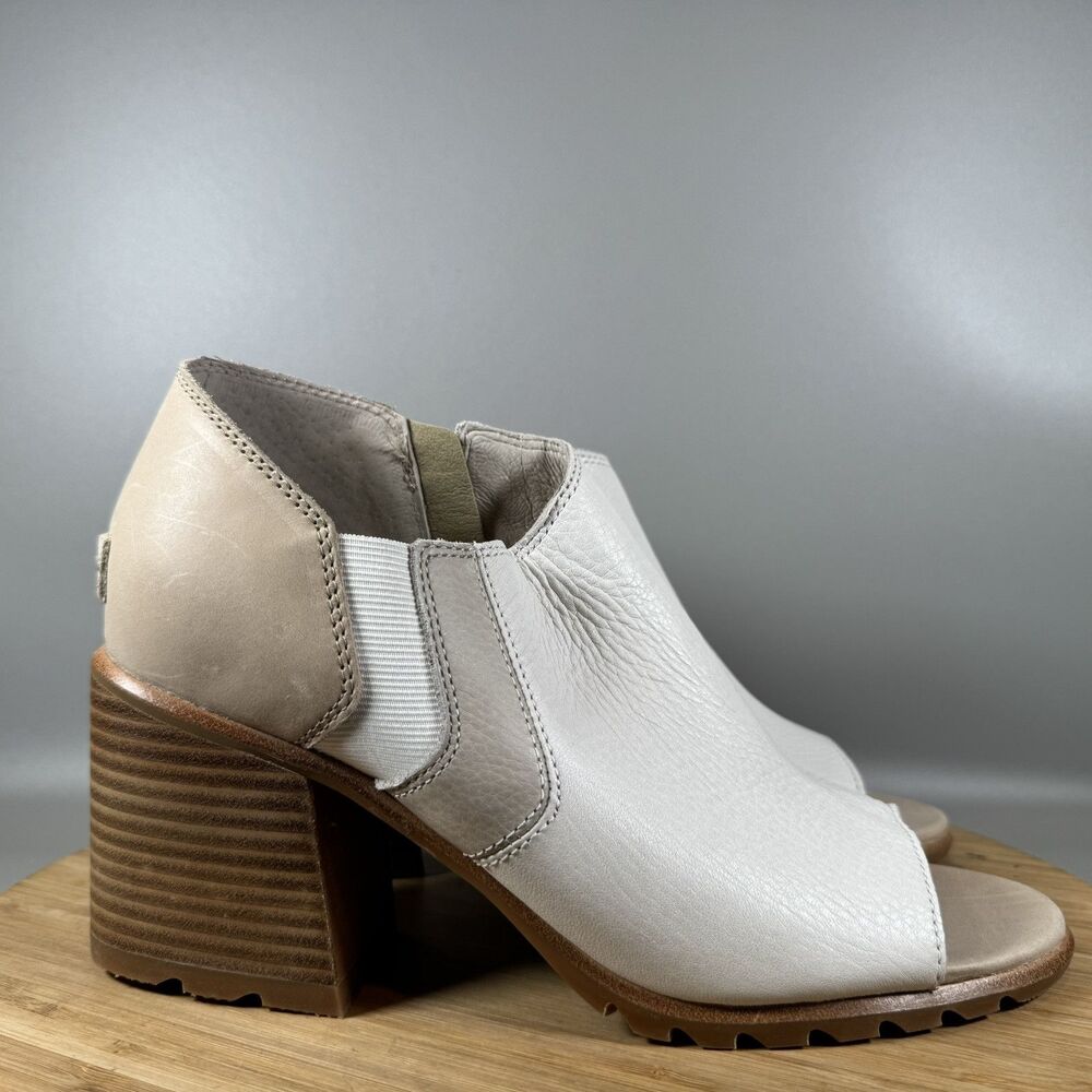 Sorel Nadia Tan White Leather Peep Open Toe Ankle Block Heel Zip Bootie Sz 9.5